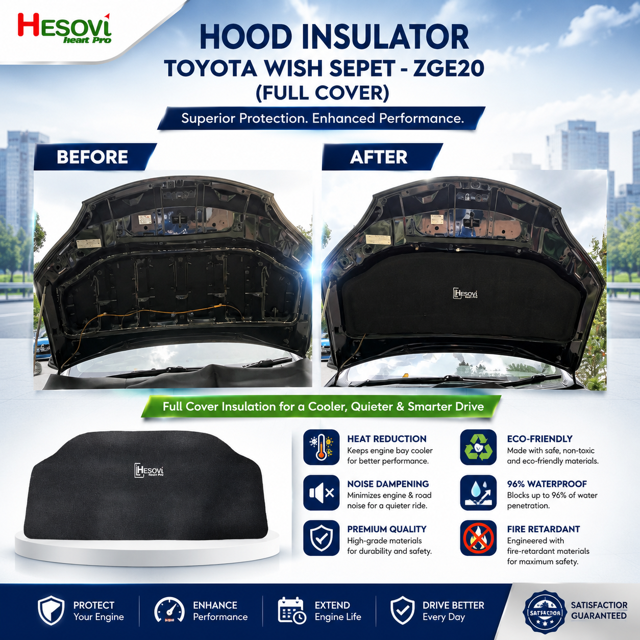 Toyota Wish ZGE20 - HESOVI Bonnet / Hood Insulator for Soundproof, Heat & Vibration (Full Cover) - Image 2