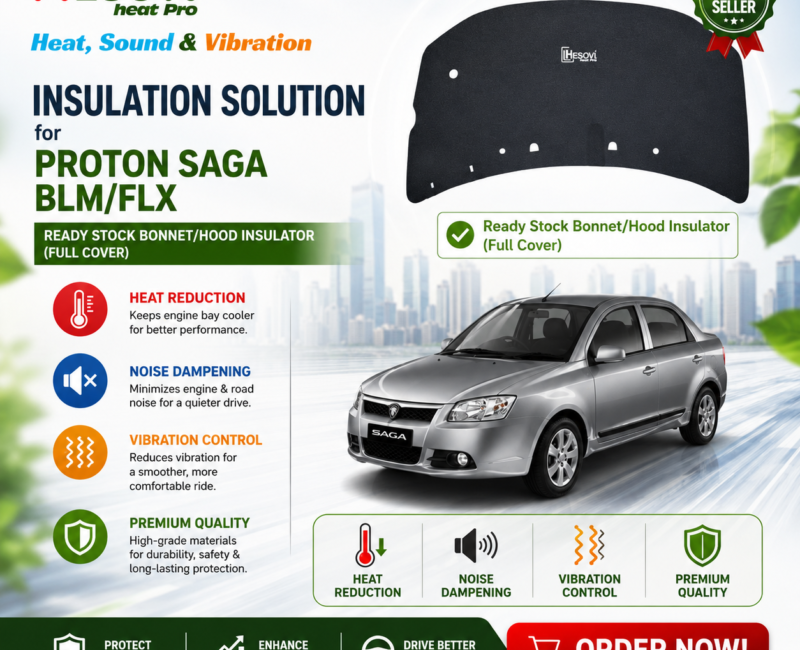 Proton Saga BLM/FLX Bonnet Hood Insulator - Full Cover Soundproofing, Heat & Vibration Reduction
