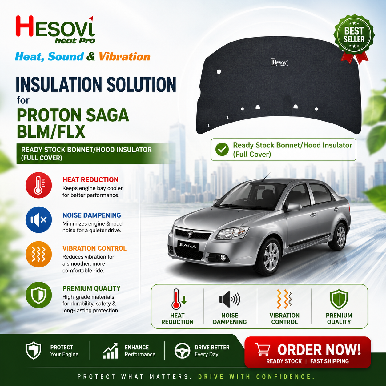 Proton Saga BLM/FLX Bonnet Hood Insulator - Full Cover Soundproofing, Heat & Vibration Reduction
