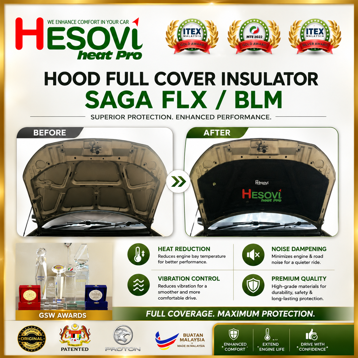 Proton Saga BLM/FLX Bonnet Hood Insulator - Full Cover Soundproofing, Heat & Vibration Reduction - Image 2