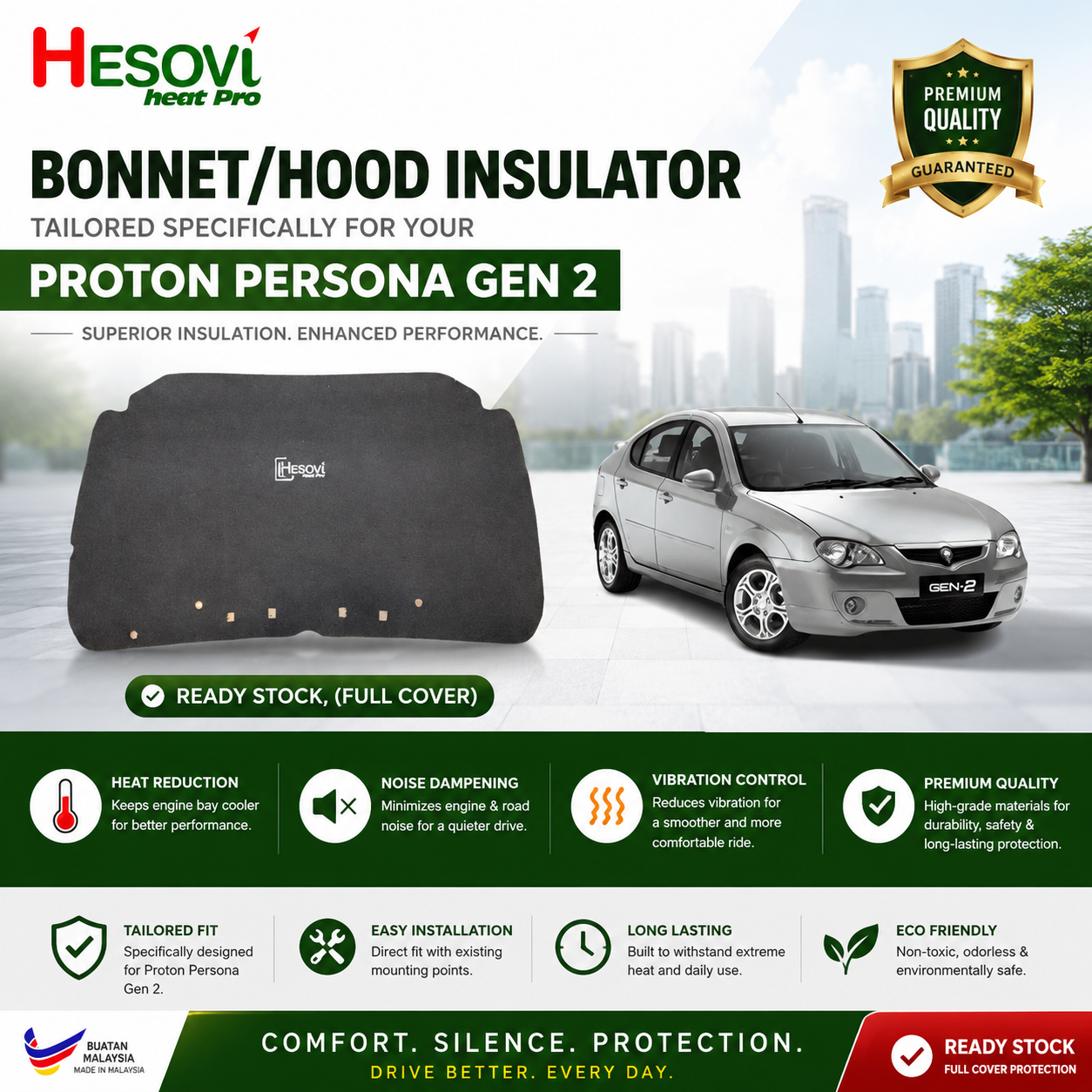 Hesovi Heatpro Car Bonnet/Hood Insulator for PROTON PERSONA CM6/GEN2 Model (Full Cover)