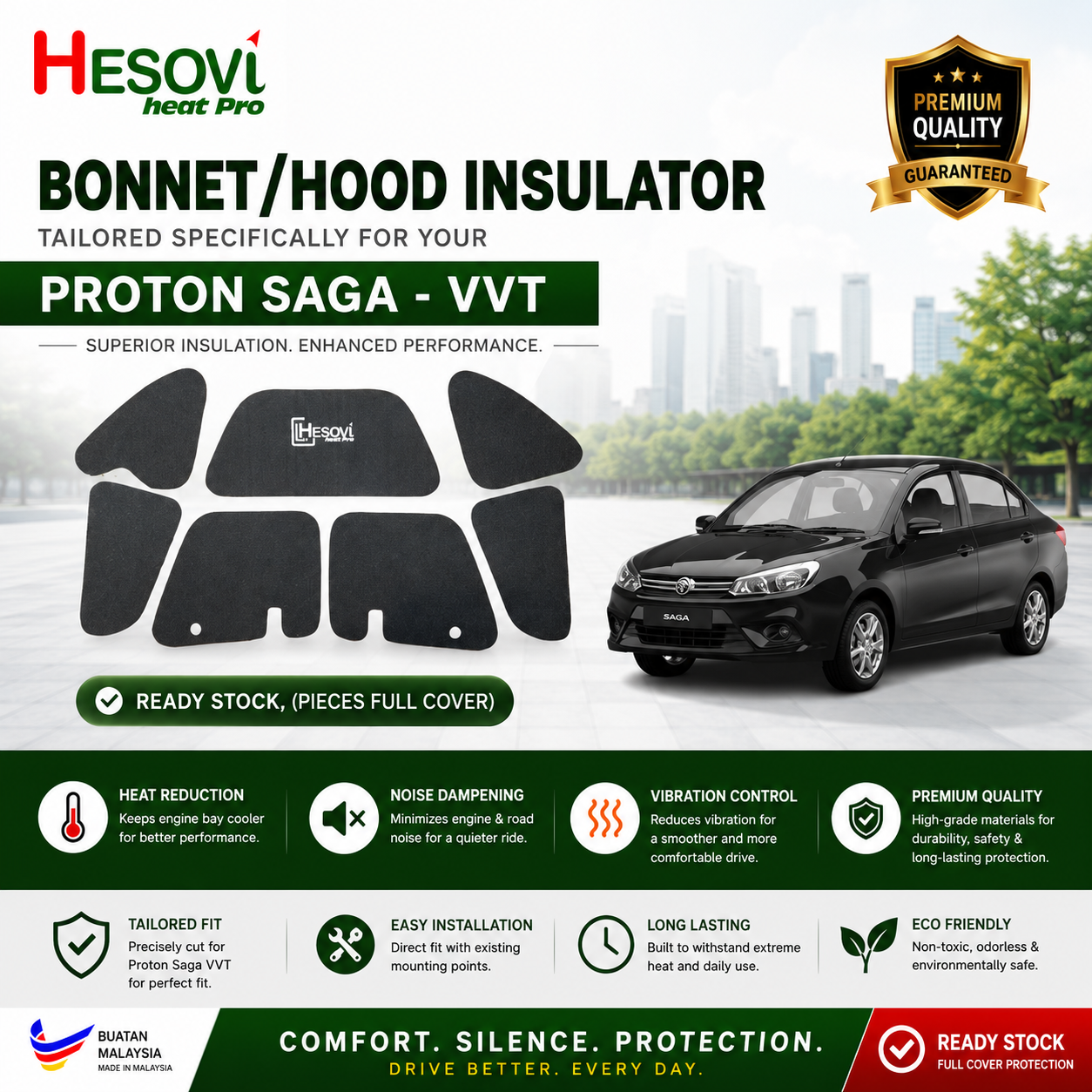 Hesovi Heatpro Car Bonnet/Hood Insulator for PROTON SAGA VVT MC1, MC2 Model (Pieces)