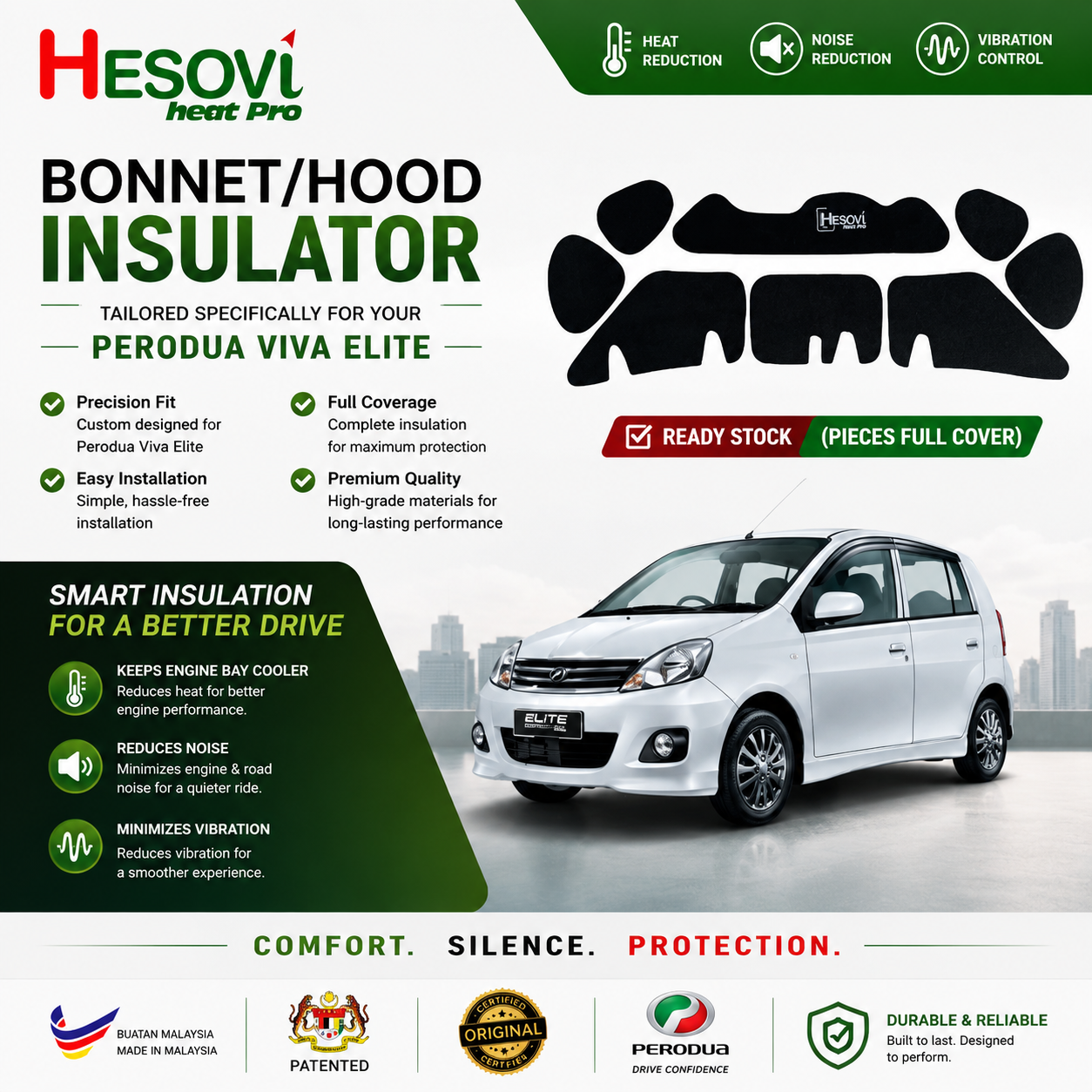 Perodua Viva Elite - HESOVI Bonnet / Hood Insulator for Soundproof, Heat & Vibration (Pieces)