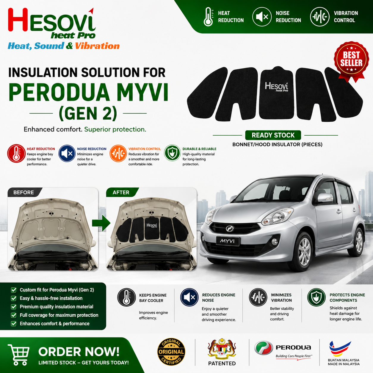 Perodua Myvi ICON/SE (Gen 2) - HESOVI Bonnet/Hood Insulator for Soundproof, Heat & Vibration (Pieces)