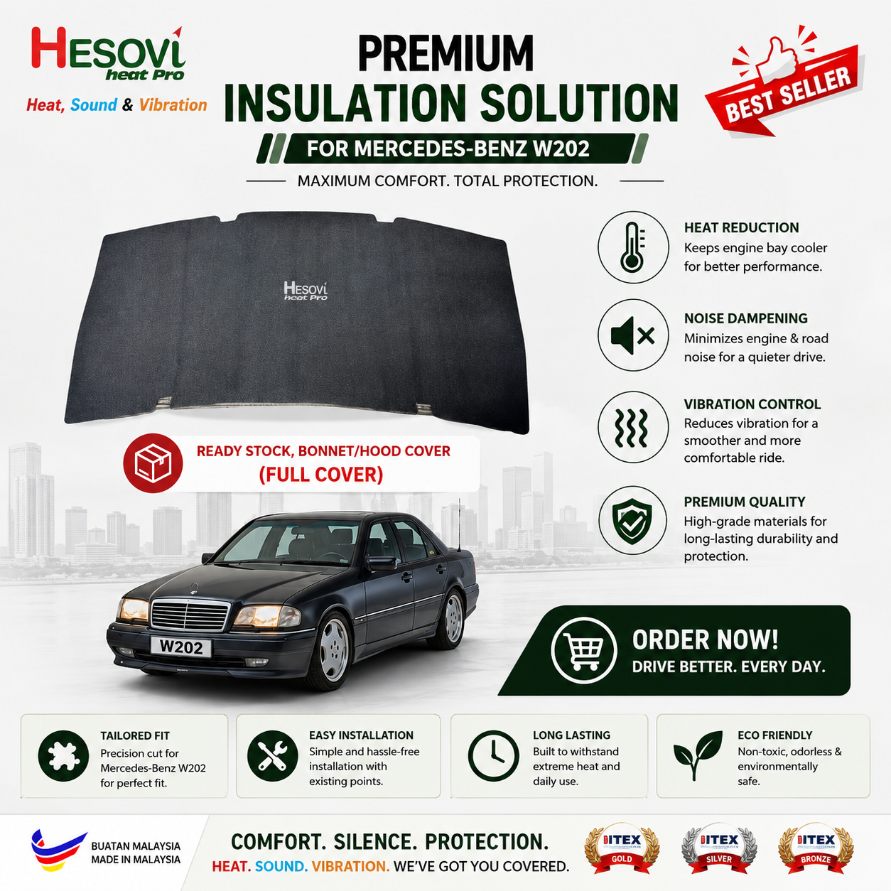 Mercedes-Benz W202 - HESOVI Bonnet / Hood Insulator for Soundproof, Heat & Vibration (Full Cover) - Image 2