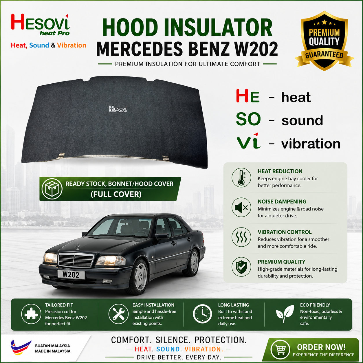 Mercedes-Benz W202 - HESOVI Bonnet / Hood Insulator for Soundproof, Heat & Vibration (Full Cover)
