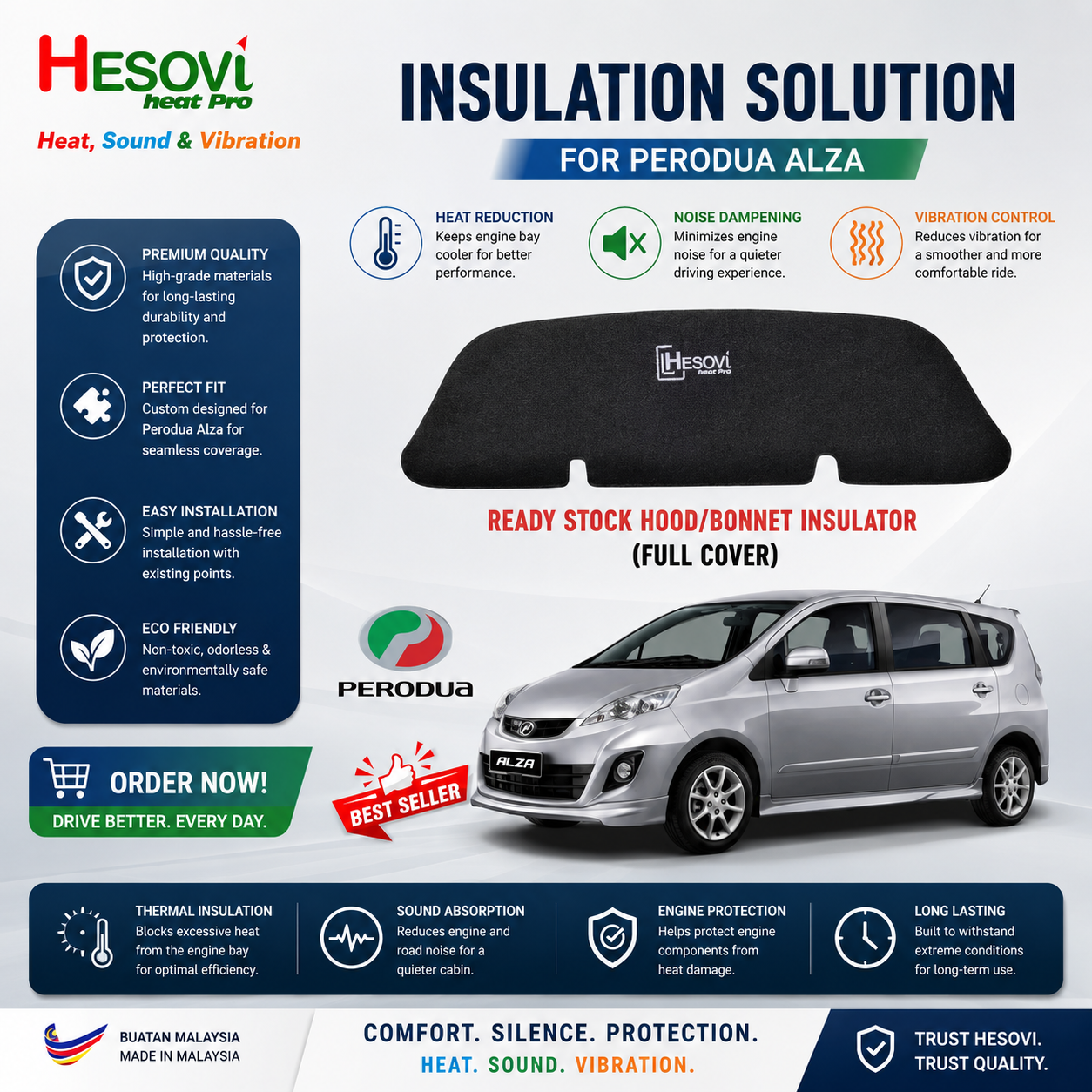Perodua Alza (Gen 1) - HESOVI Bonnet / Hood Insulator for Soundproof, Heat & Vibration (Full Cover)