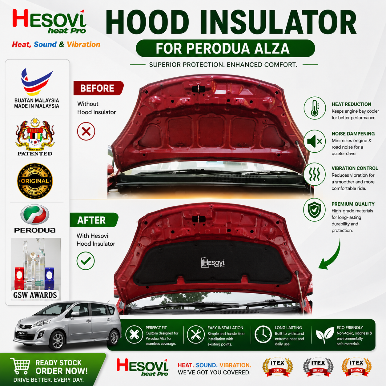 Perodua Alza (Gen 1) - HESOVI Bonnet / Hood Insulator for Soundproof, Heat & Vibration (Full Cover) - Image 2