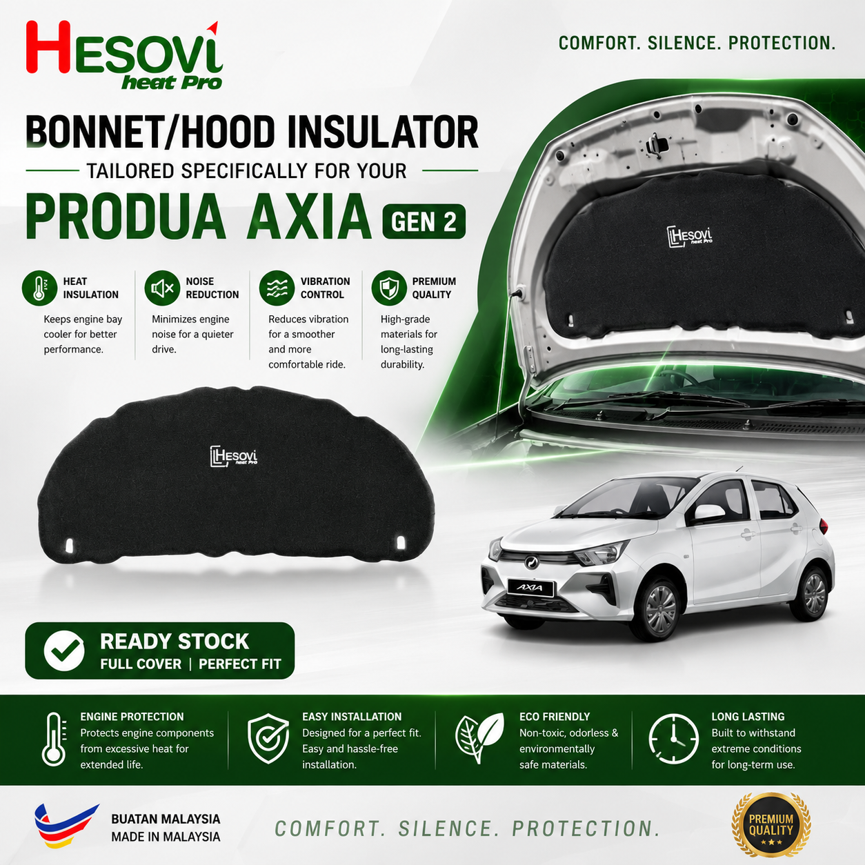 Hesovi Heatpro Full-Cover Car Bonnet/Hood Insulator for PERODUA AXIA GEN 2