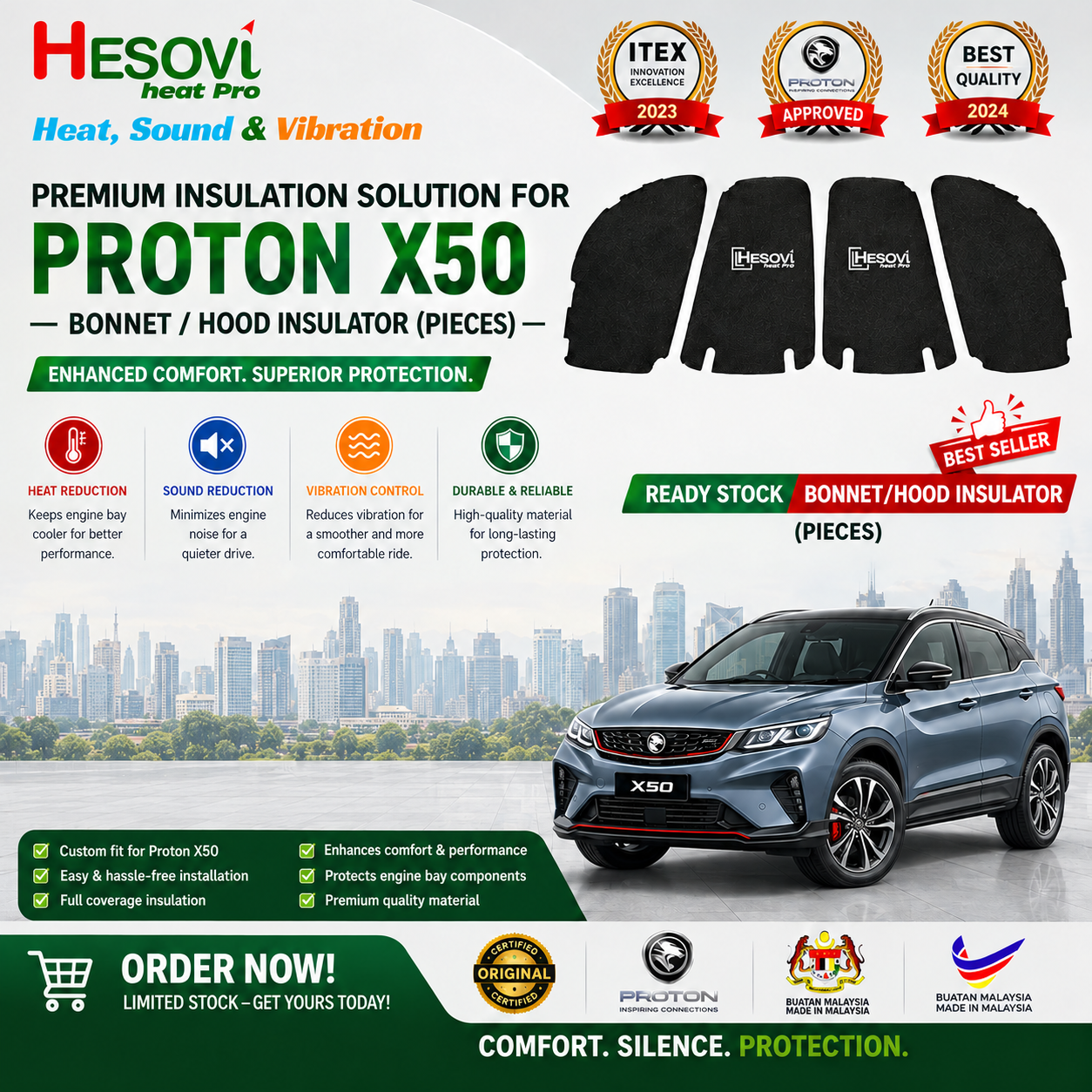 PROTON X50 MC1 - Hesovi Heatpro Car Bonnet/Hood Insulator (Pieces)