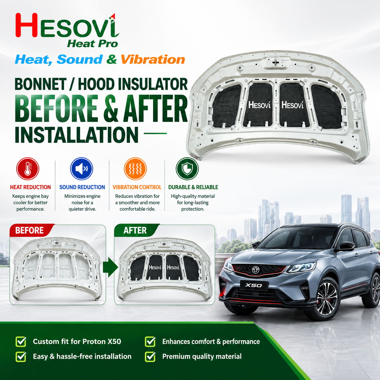 PROTON X50 MC1 - Hesovi Heatpro Car Bonnet/Hood Insulator (Pieces) - Image 2