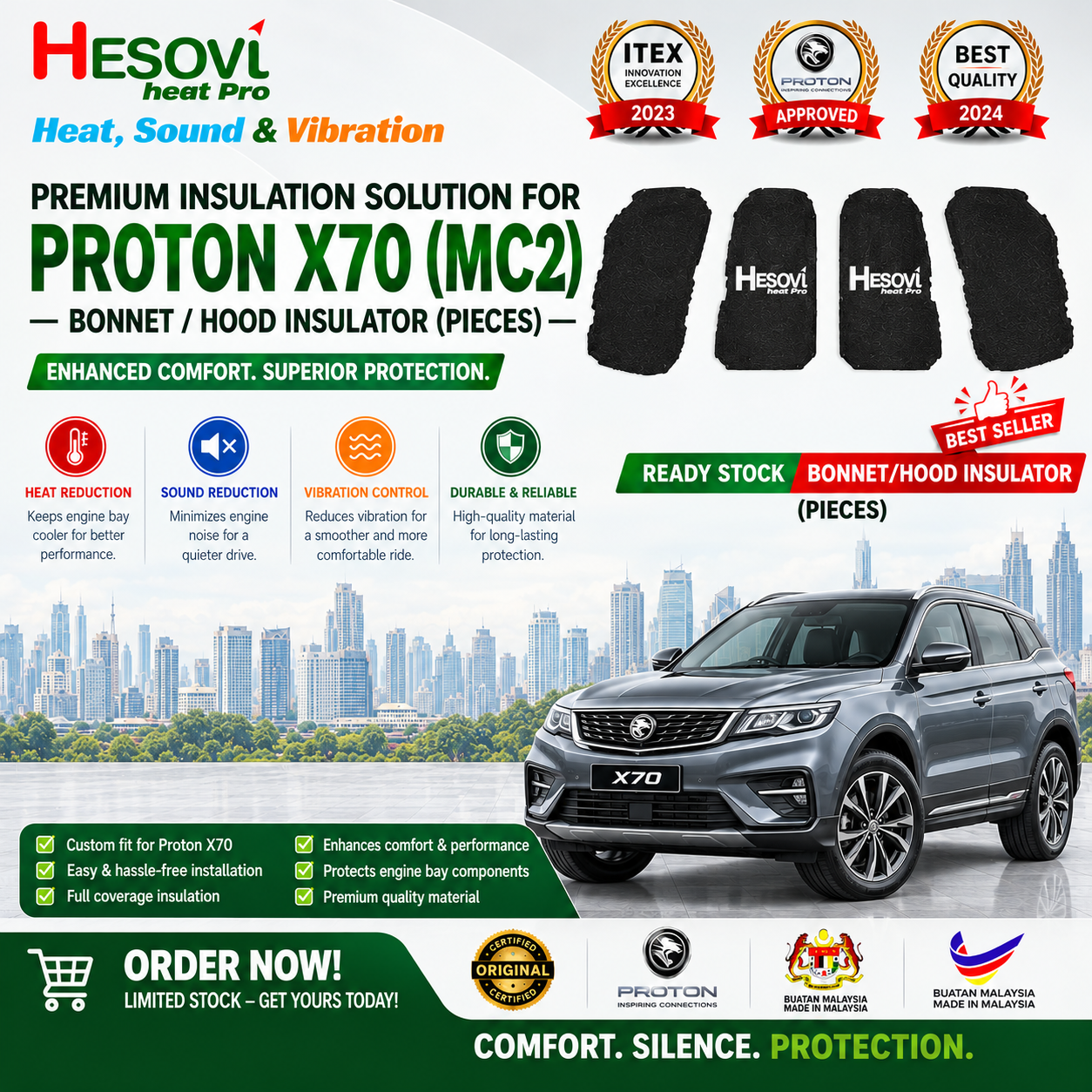 PROTON X70 (MC2) - Hesovi Heatpro Car Bonnet/Hood Insulator (Pieces)